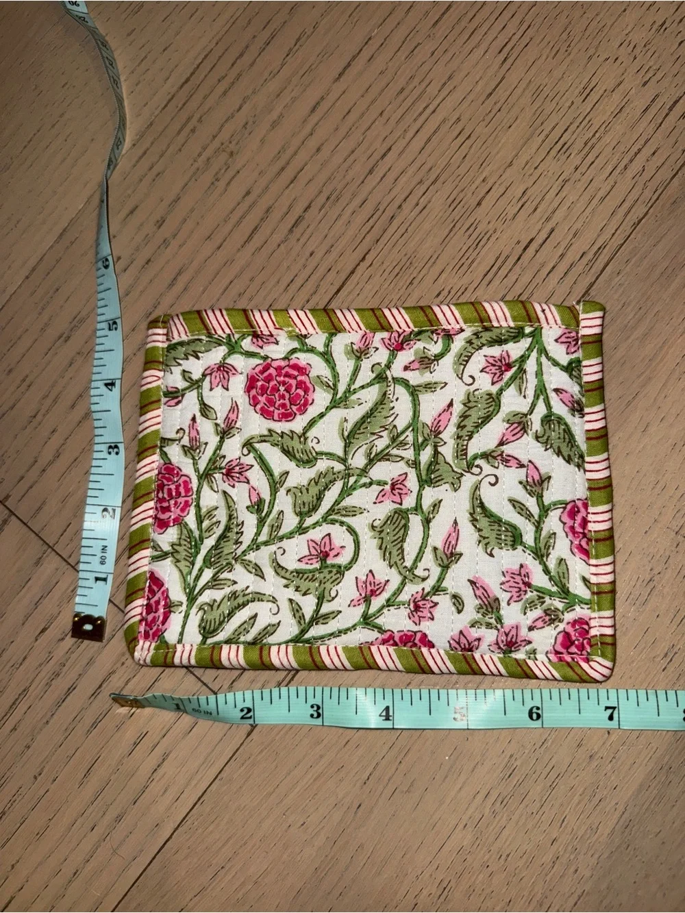 New & Handmade - Floral Quilted Zipper Pouch Bag in Pink and Green